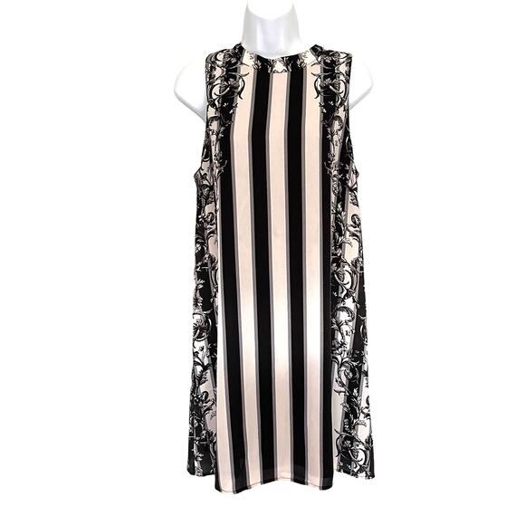 Bar III Stripe Shift Dress Sz M Black Cream Floral Mod Retro Chic Cocktail 60s - Picture 1 of 13
